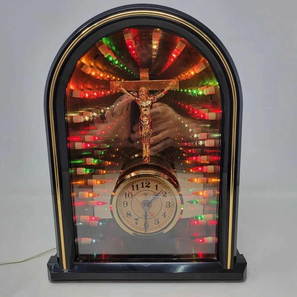 Vintage Infinity Mirror Jesus Crucifix Lighted Quartz Clock Taiwan AS-IS